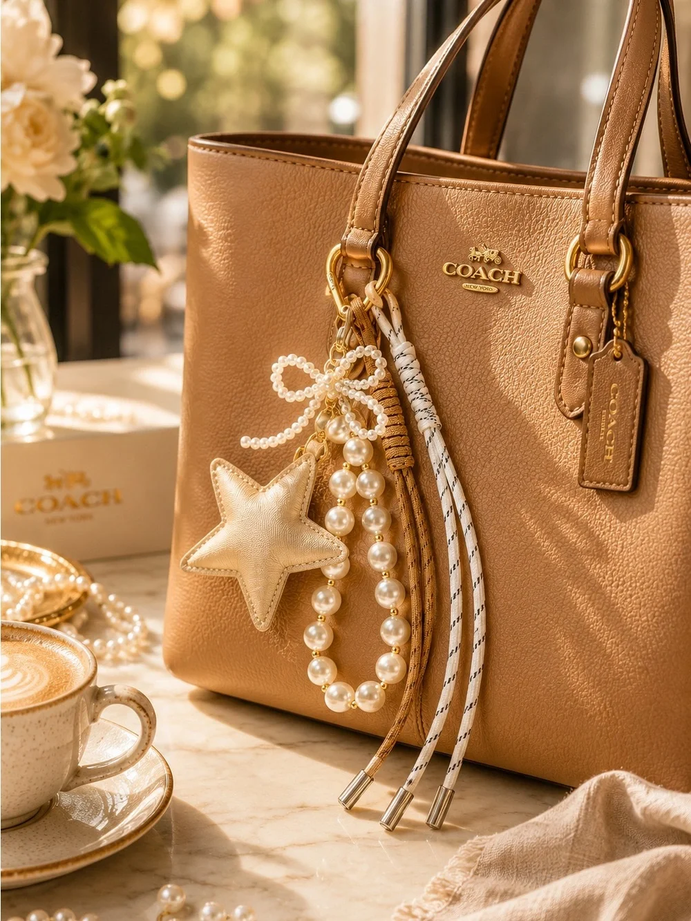 Golden Heritage Star Cluster Bag Charm | Pearl Bow Keychain - Picture 2 of 4